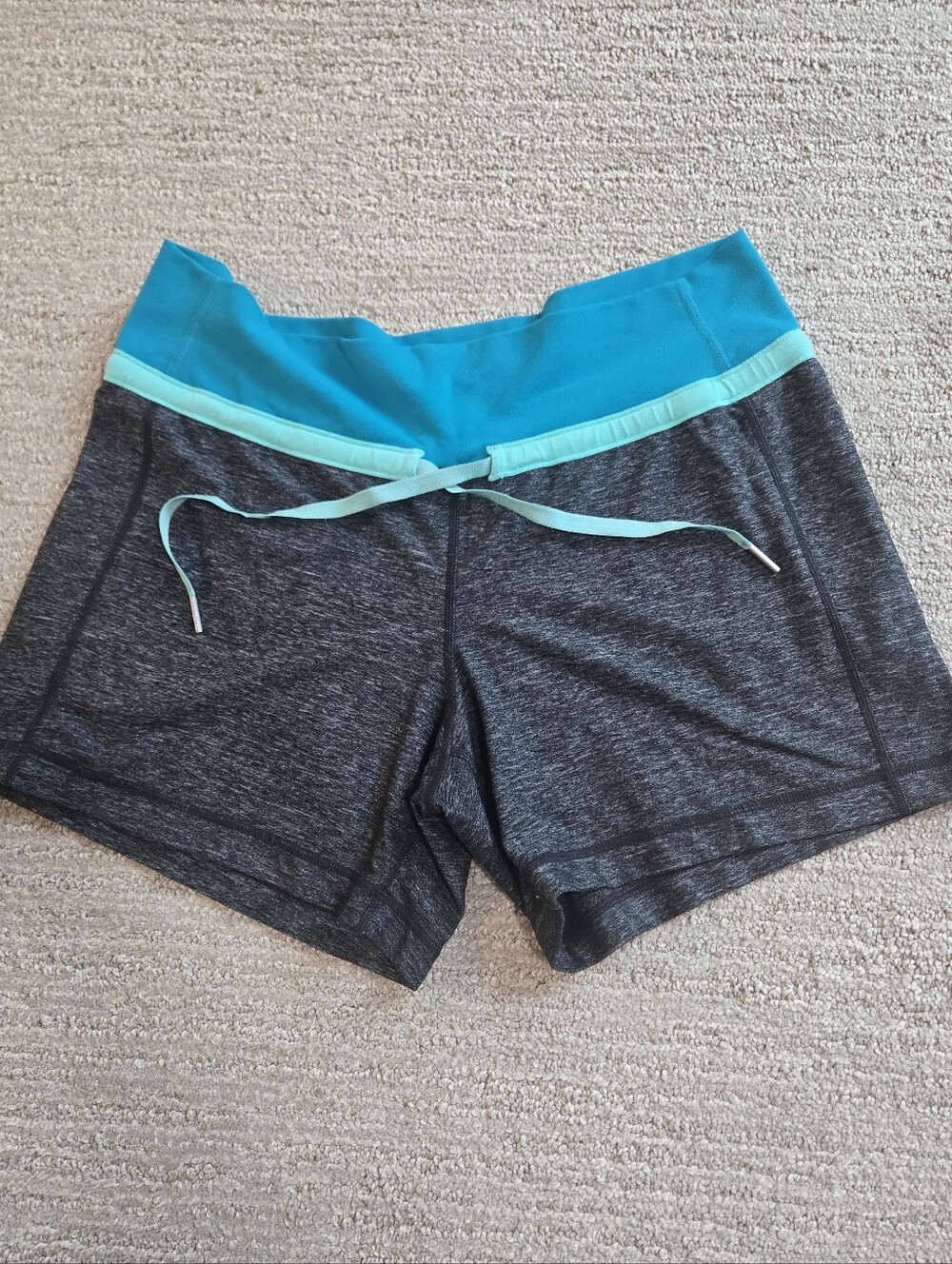 lululemon athletica Vintage Heathered Grey Knock Out Shorts With Teal Waistband.